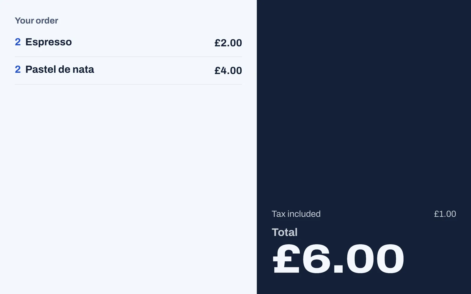 The customer display showing Your order with 2 Espresso and 2 Pastel de nata, Tax included £1.00 and a total of £6.00