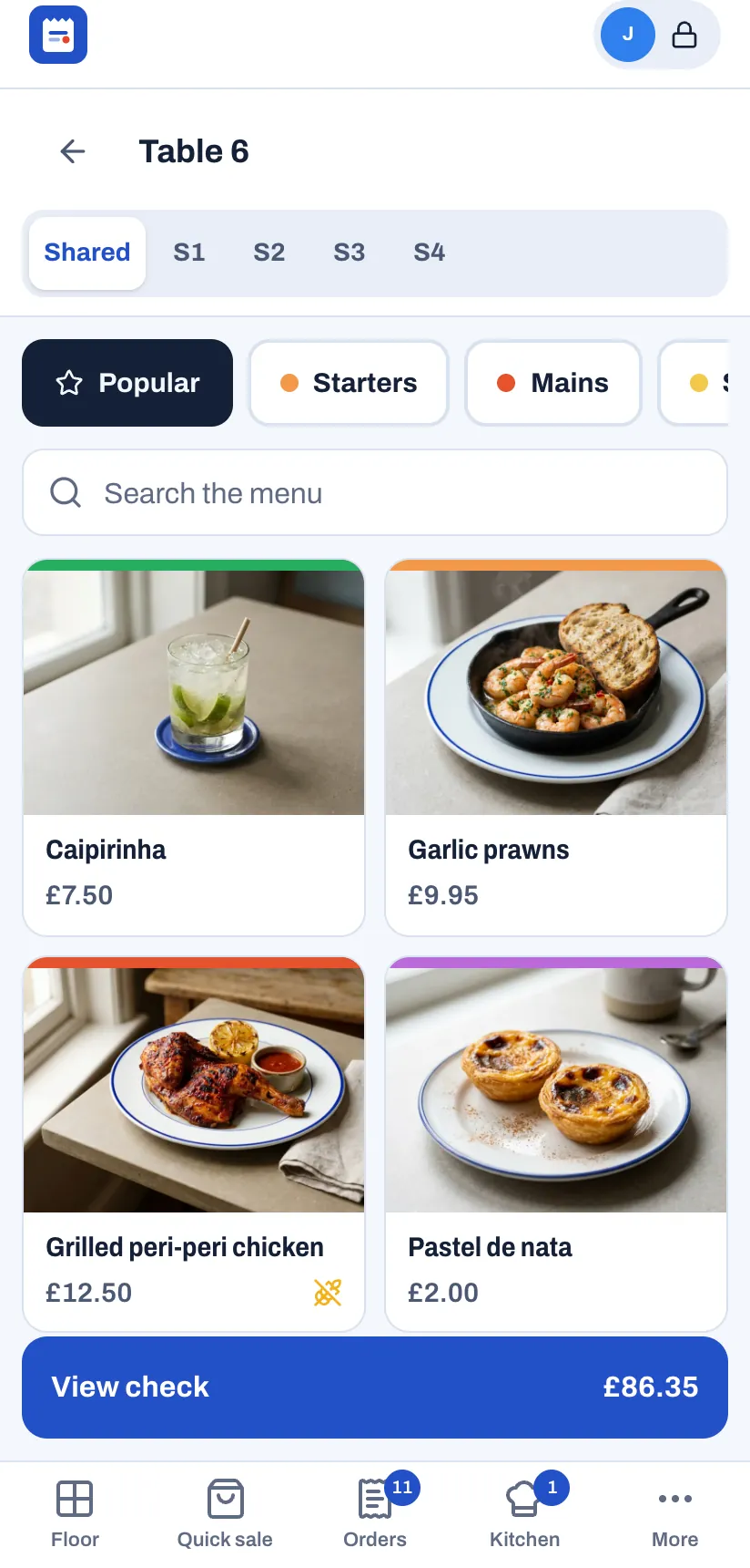A server's phone with the menu open for table 6: dish photos and prices, a View check button with the total, and the bar at the bottom with Floor, Quick sale, Orders, Kitchen and More