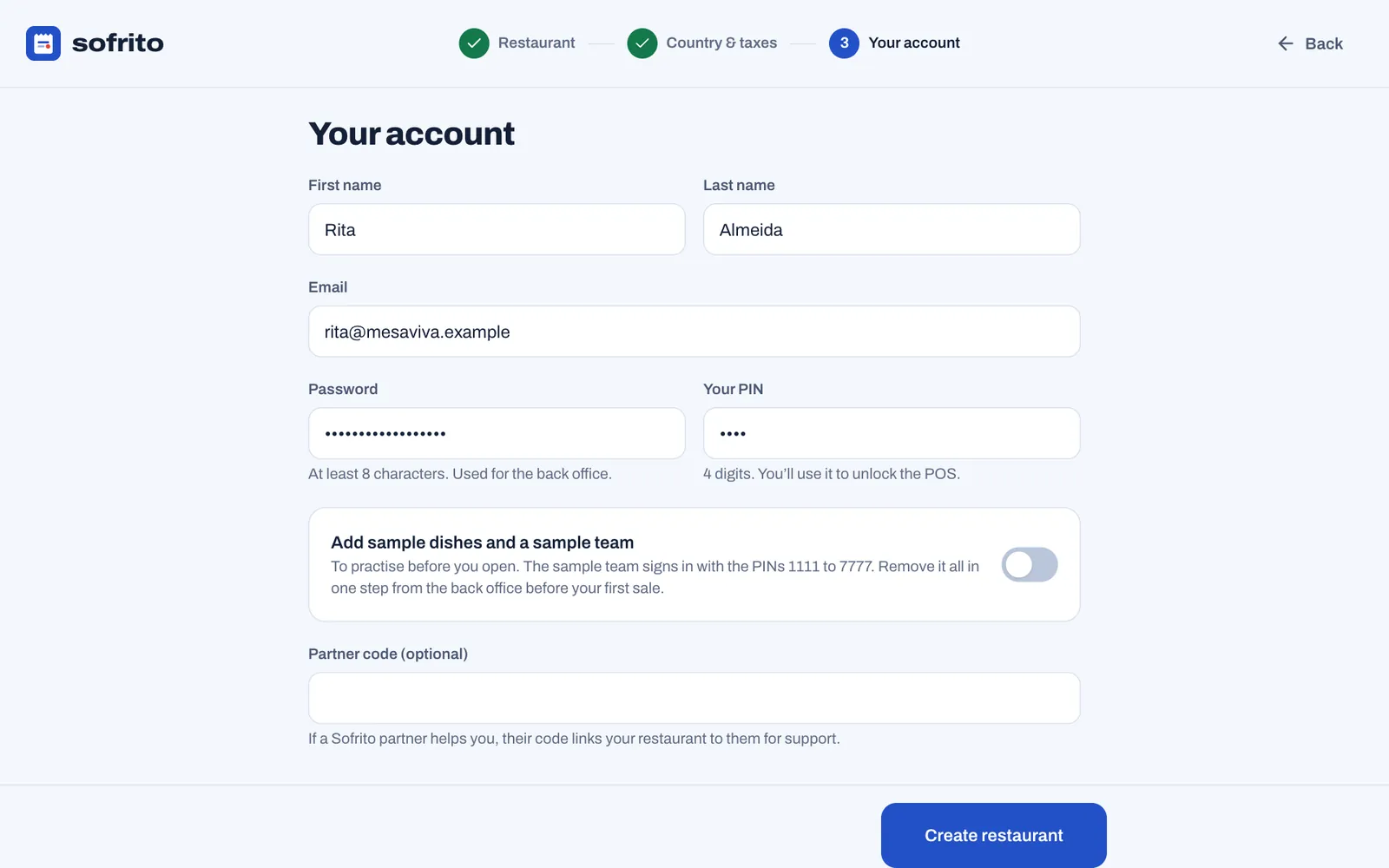 The Your account step: first and last name, email, password, a 4-digit PIN, the Add sample dishes and a sample team switch turned off, and the optional partner code