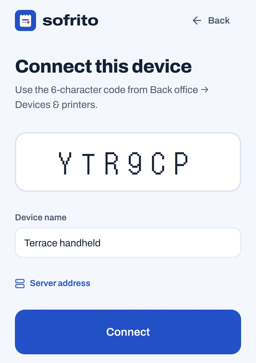 Connect this device on a phone: the 6-character code typed in, the device name Terrace handheld, the Server address link and the Connect button