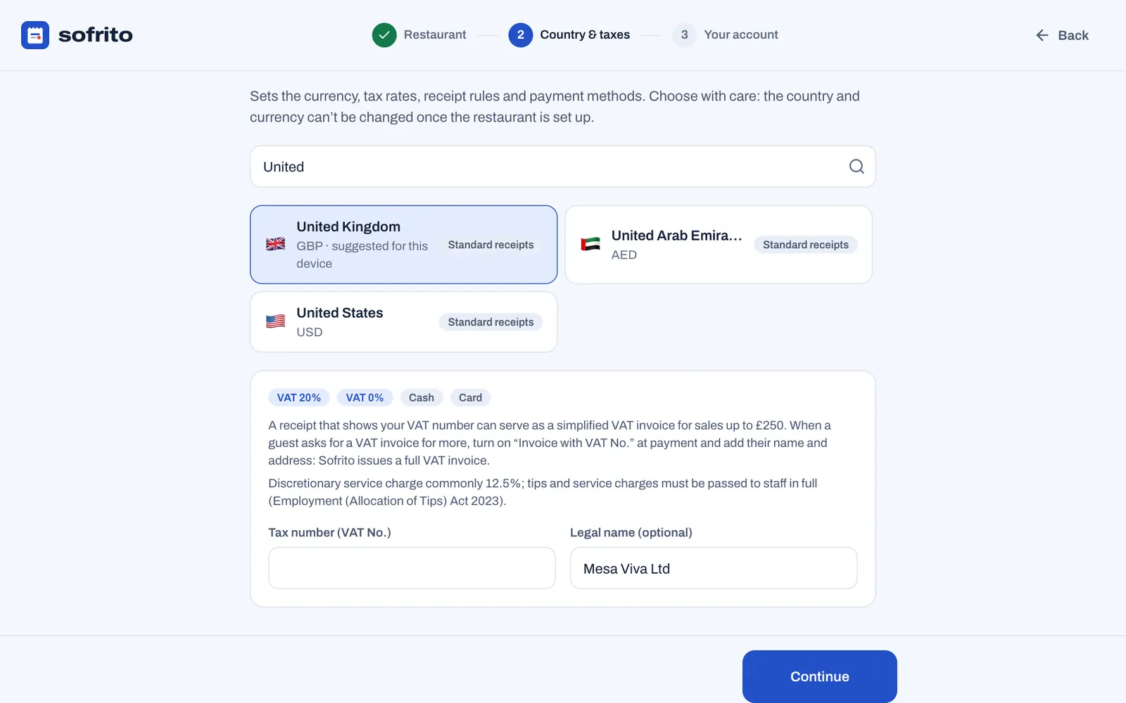 The Country & taxes step, which warns that the country and currency can't be changed: a search for United, with United Kingdom selected and marked suggested for this device, VAT 20%, VAT 0%, Cash and Card, notes about VAT invoices and service charges, and the tax number and legal name fields