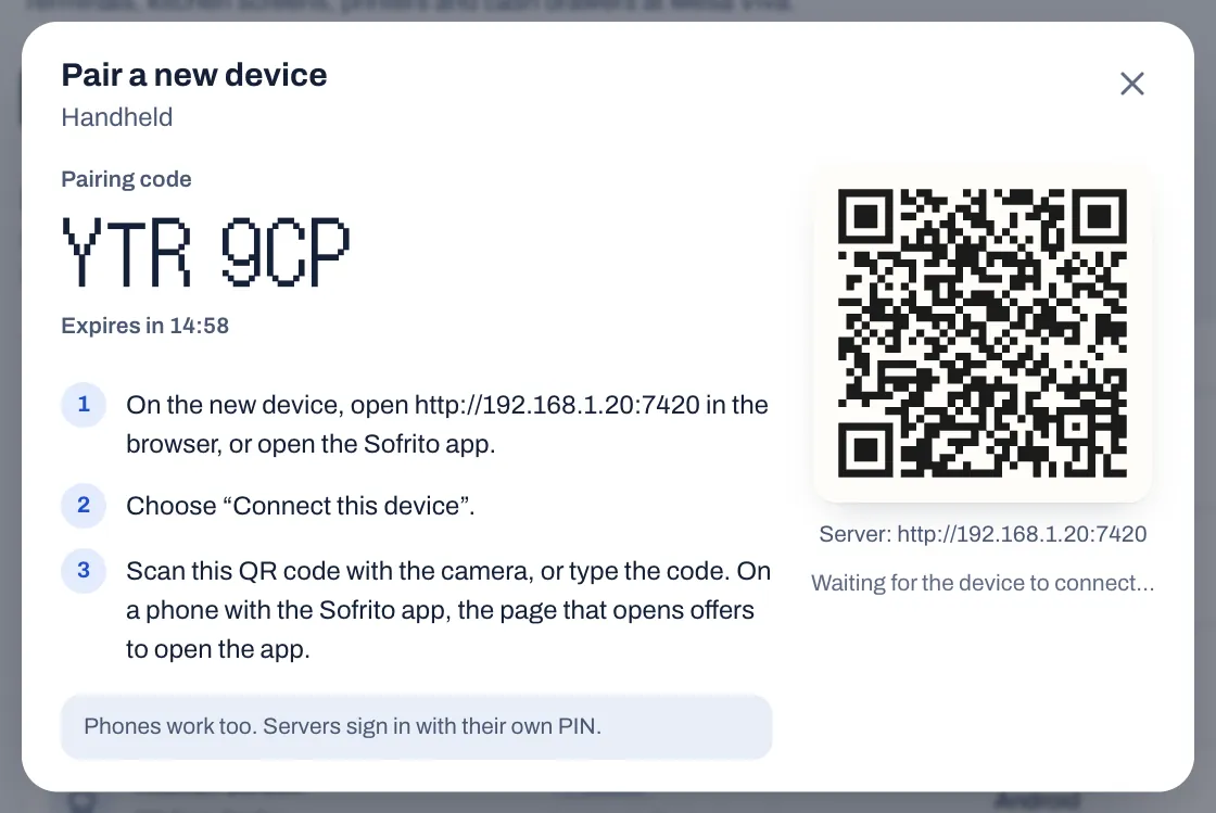 Pair a new device for a handheld: the pairing code YTR 9CP, expiring in 14:58, three steps, a QR code and the server address http://192.168.1.20:7420