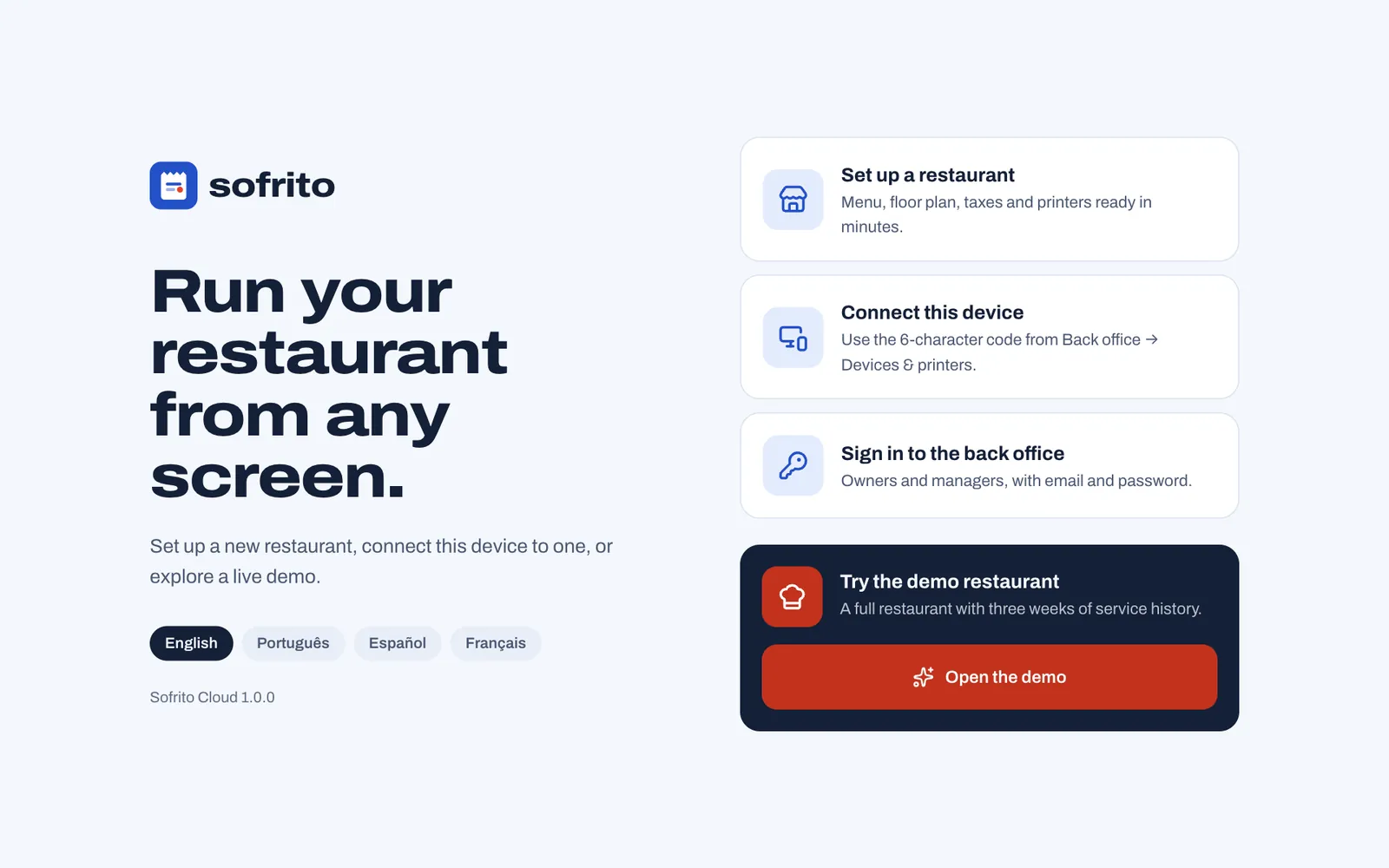 The Sofrito Cloud welcome screen with Set up a restaurant, Connect this device, Sign in to the back office and Try the demo restaurant