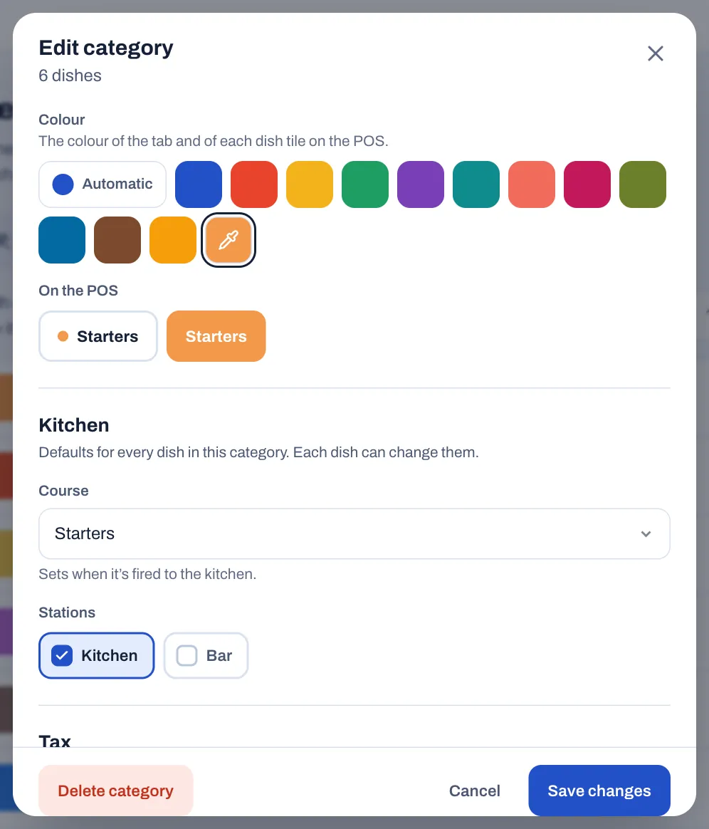 The Edit category sheet for Starters: a row of colour swatches with a custom orange chosen, a preview of the tab on the POS, the course set to Starters and the Kitchen station ticked.