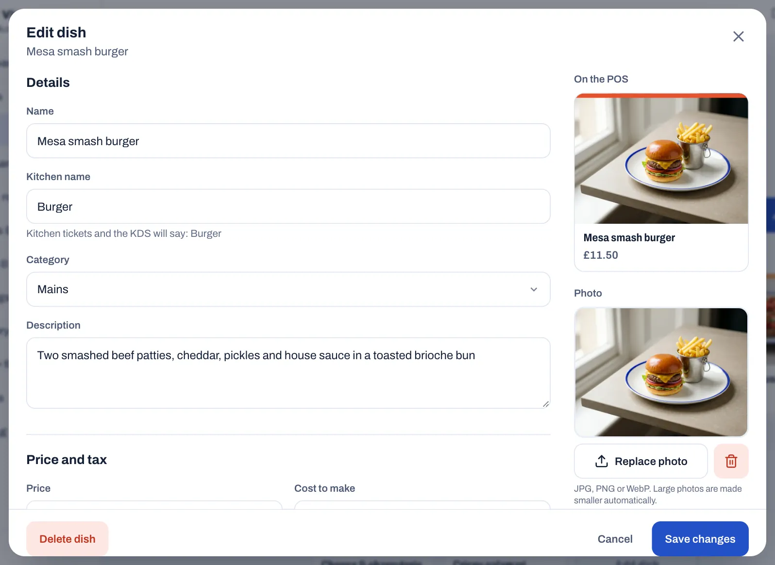 The Edit dish sheet for Mesa smash burger: name, kitchen name Burger, category Mains and a description. On the right, a preview of the dish button on the POS and the dish photo.