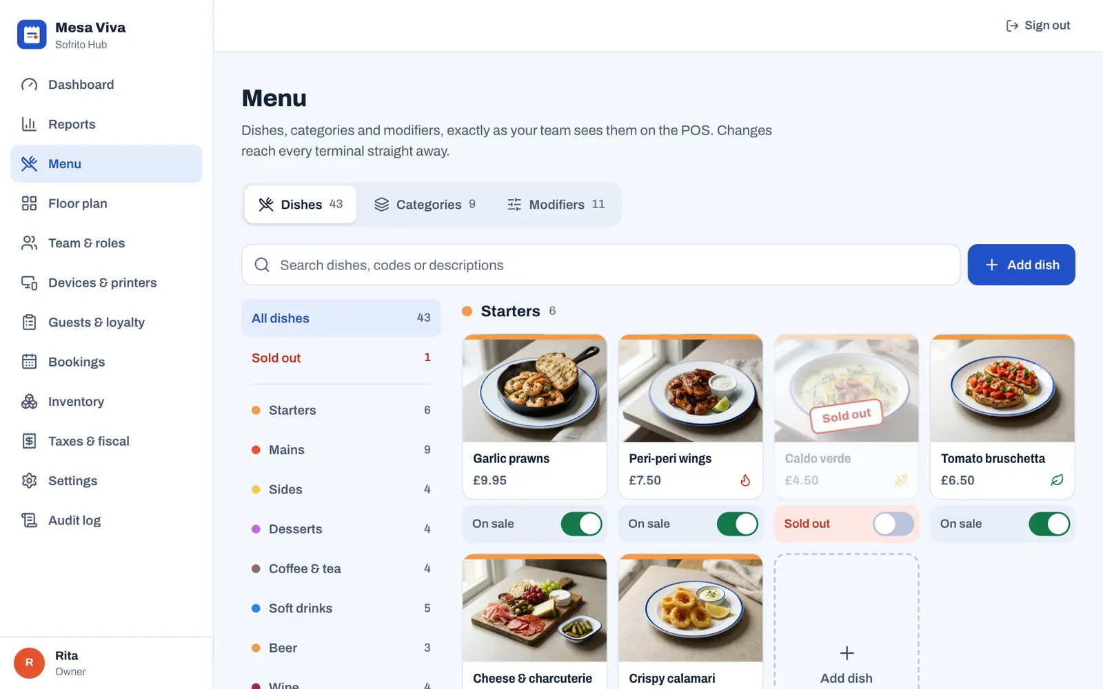 The Dishes tab of the menu editor: categories down the left, dish buttons with photos and prices, and an On sale switch under each dish. Caldo verde is marked Sold out.