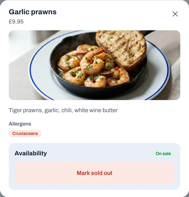 On the till, the details of Garlic prawns after a touch and hold: the price £9.95, the photo, the description and the allergen Crustaceans, and under Availability the badge On sale and a red Mark sold out button.