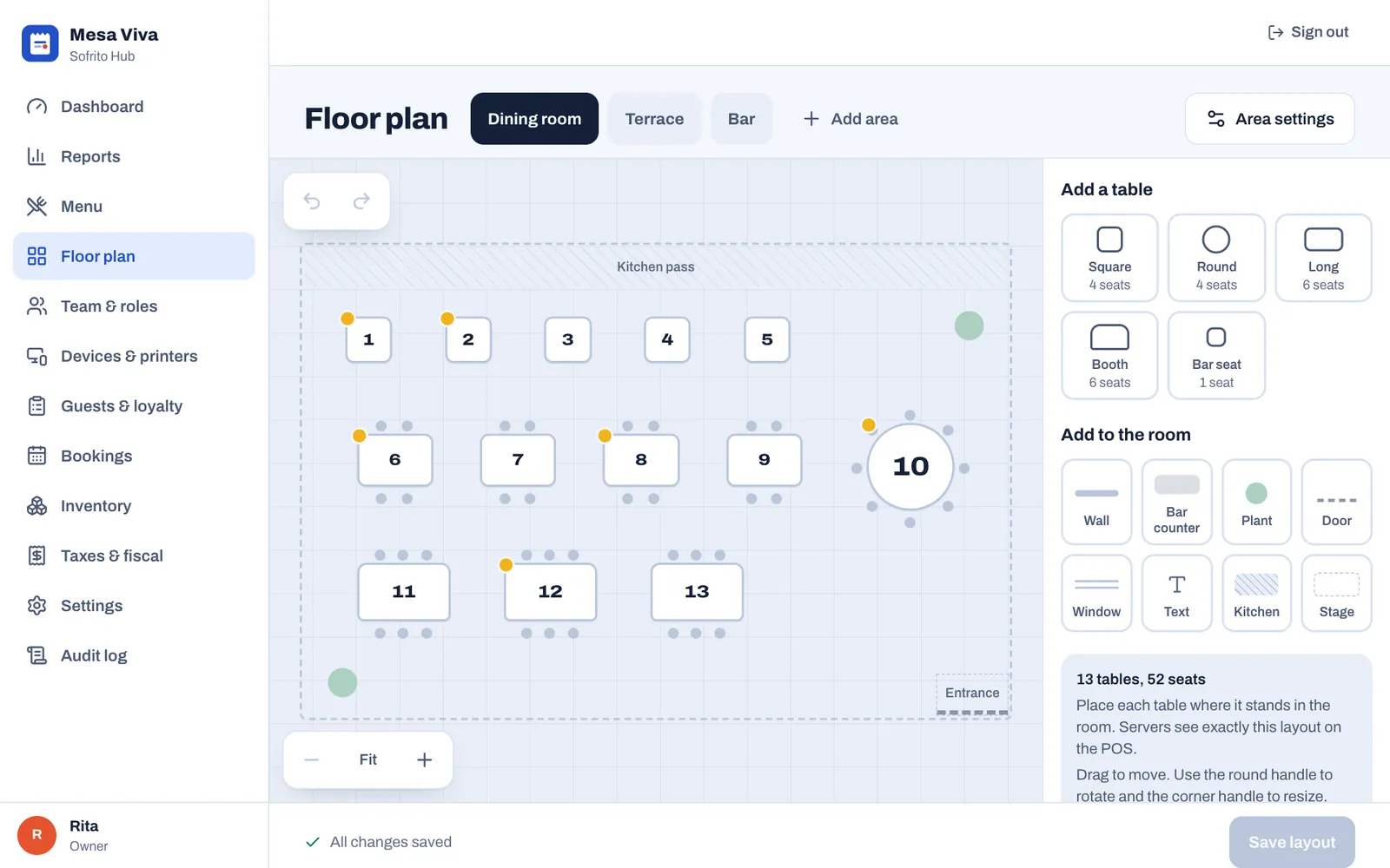 The floor plan editor showing the Dining room: 13 tables on a grid, the kitchen pass along the top and the entrance at the bottom right. On the right, buttons to add tables and things to the room, and a summary of 13 tables and 52 seats.