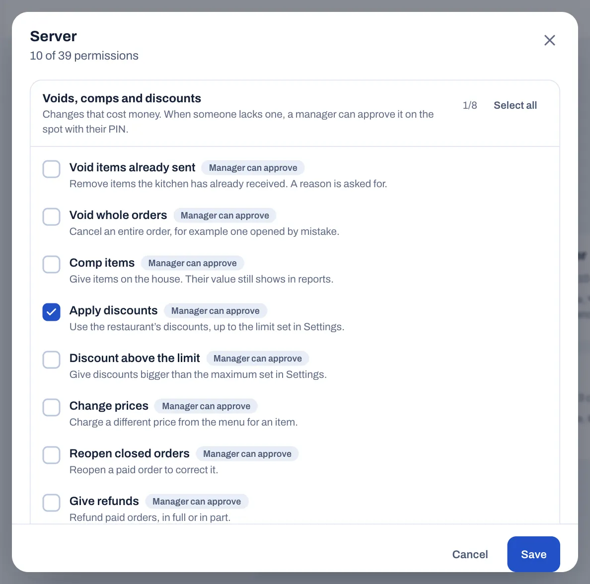 The Server role open for editing, showing the Voids, comps and discounts group: only Apply discounts is ticked, and every permission in the group has a Manager can approve badge.