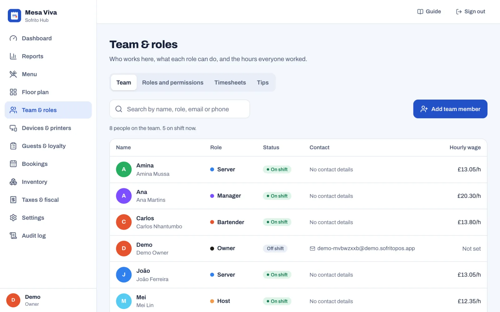 The Team tab of Team & roles, next to the Roles and permissions, Timesheets and Tips tabs: eight people with their role, an On shift or Off shift badge, their contact details and hourly wage, and the Add team member button at the top right.