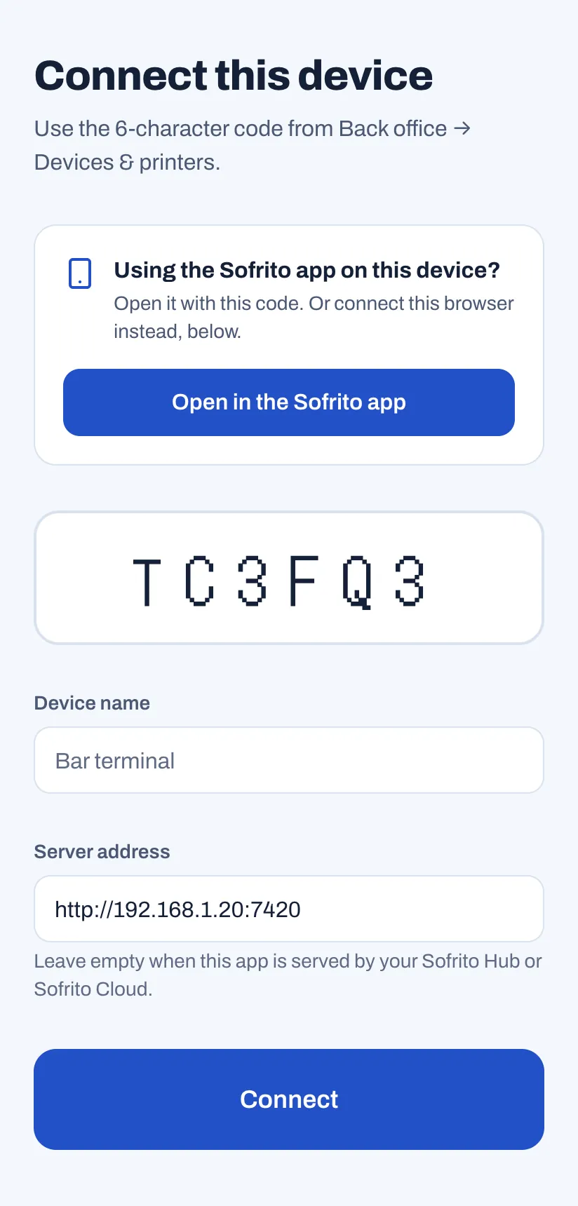The pairing page on a phone, opened from the QR code: "Using the Sofrito app on this device?" with the Open in the Sofrito app button, the code already filled in, the Device name and Server address fields, and the Connect button.