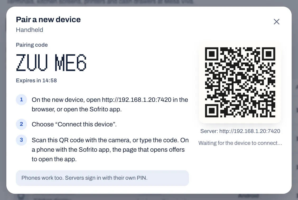 The Pair a new device window for a handheld: the pairing code ZUU ME6, "Expires in 14:58", three numbered steps, a tip, and on the right a QR code with the server address under it.