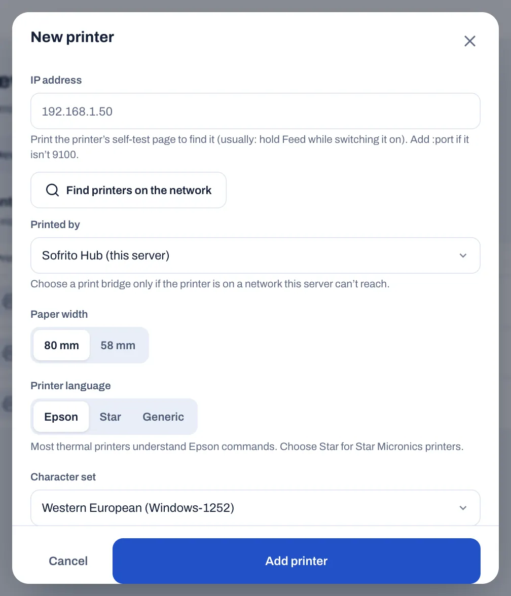 The network part of the New printer form: the IP address field with the hint about the self-test page, the Find printers on the network button, Printed by set to Sofrito Hub (this server), the paper width, the printer language and the character set.