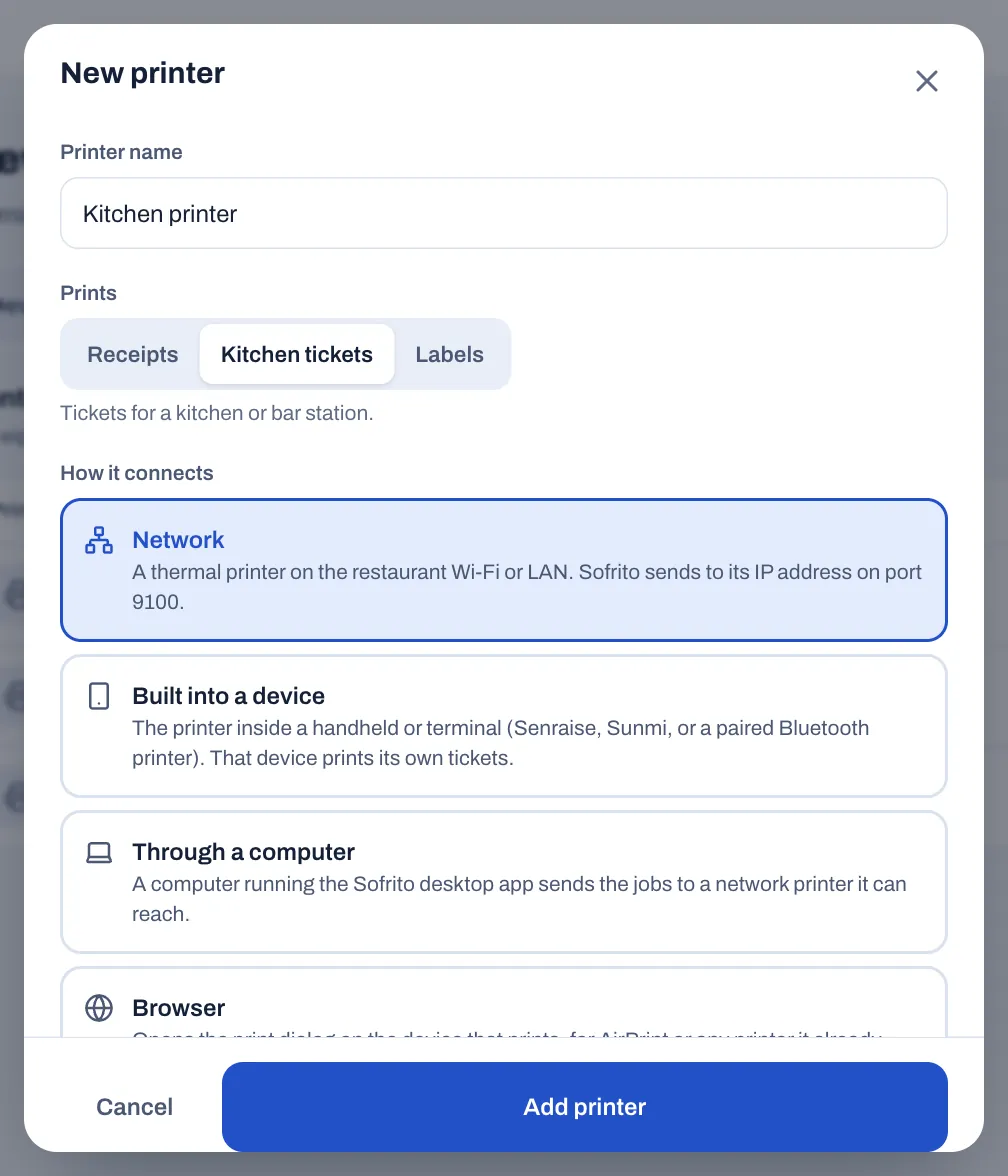 The New printer form: Printer name "Kitchen printer", Prints set to Kitchen tickets, and under How it connects the cards Network, Built into a device, Through a computer and Browser.