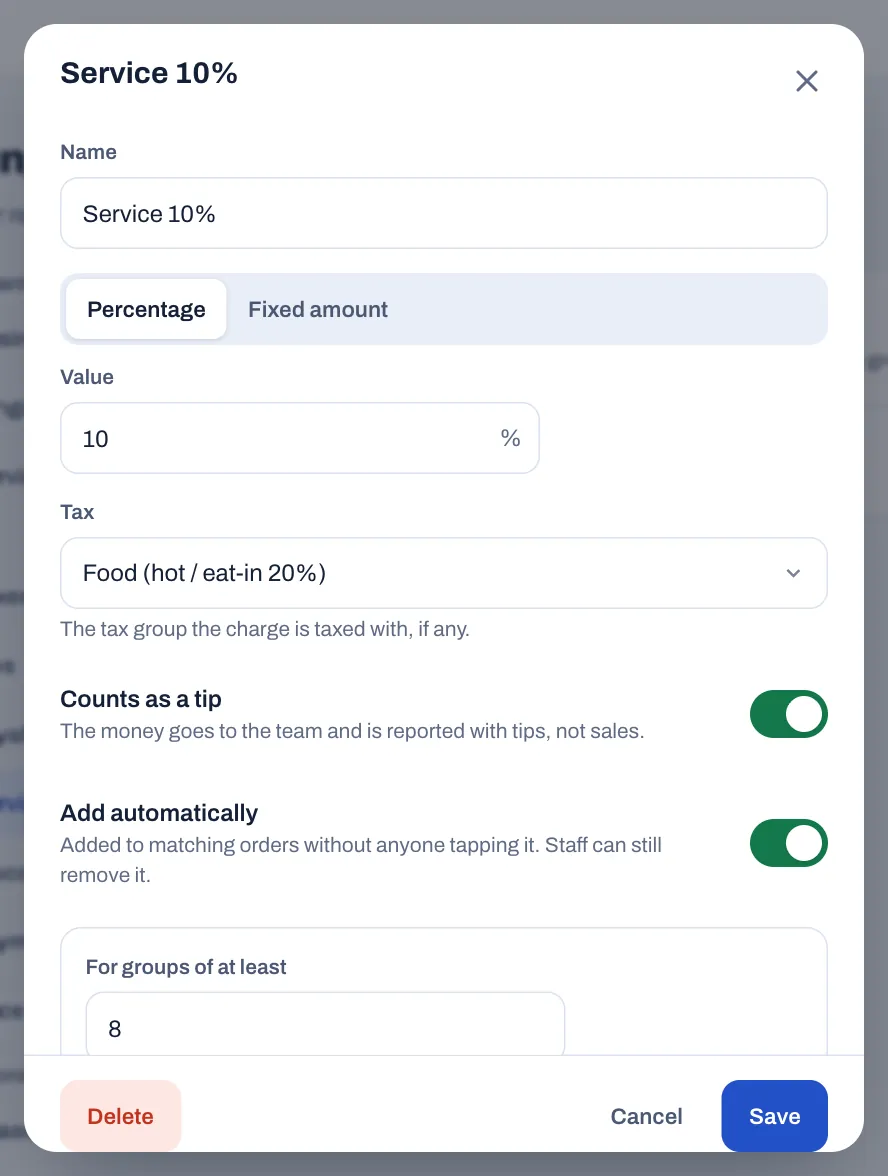The Service 10% service charge open for editing: Percentage, value 10%, Tax set to Food (hot / eat-in 20%), Counts as a tip and Add automatically turned on, and For groups of at least 8.