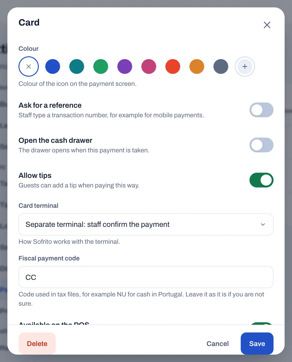 The Card payment method open for editing: the colour swatches, Ask for a reference and Open the cash drawer turned off, Allow tips turned on, Card terminal set to "Separate terminal: staff confirm the payment" and Fiscal payment code CC.