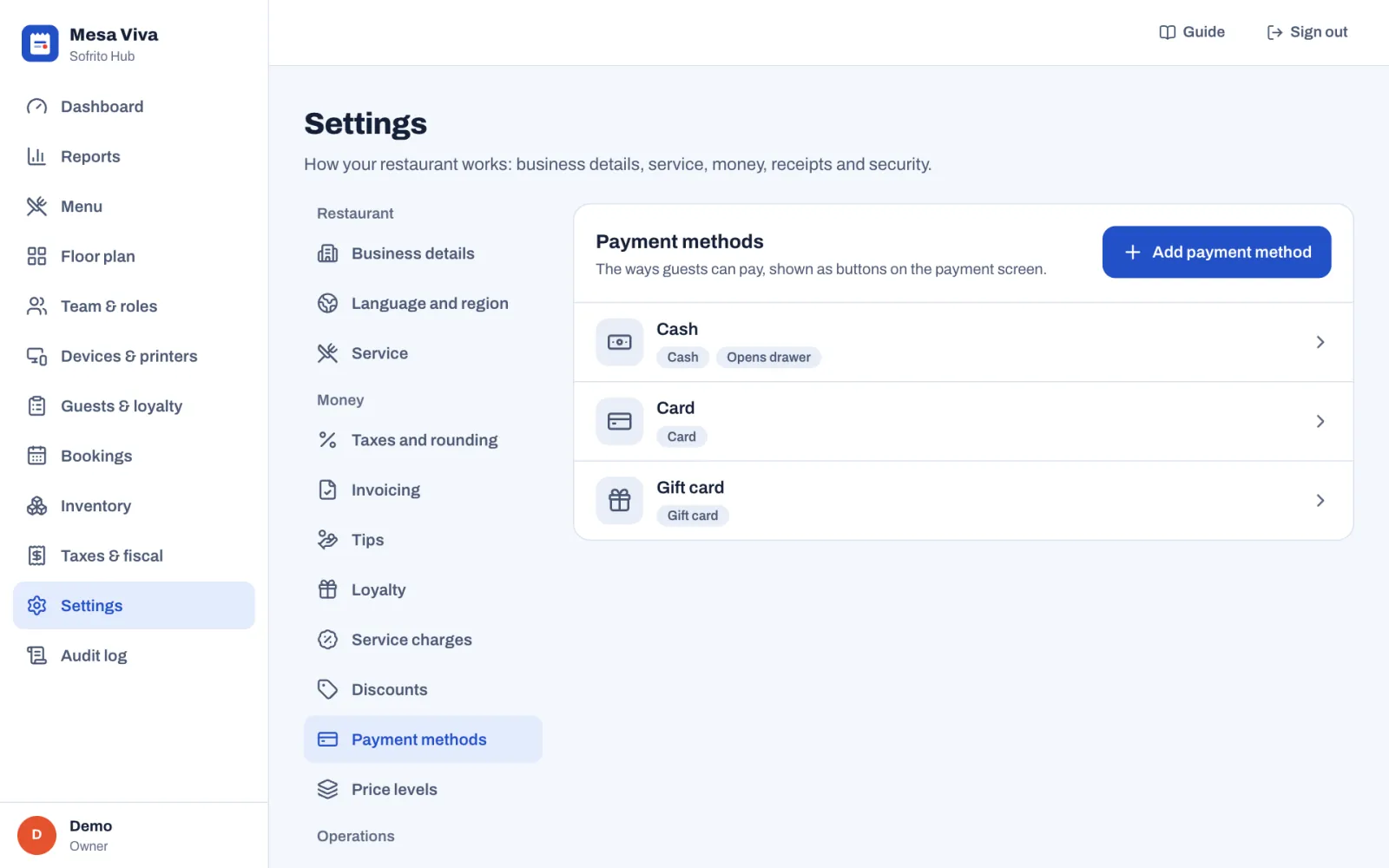 Settings, Payment methods: the Cash, Card and Gift card methods, each with its type badge; Cash also has an Opens drawer badge. The Add payment method button is at the top right.
