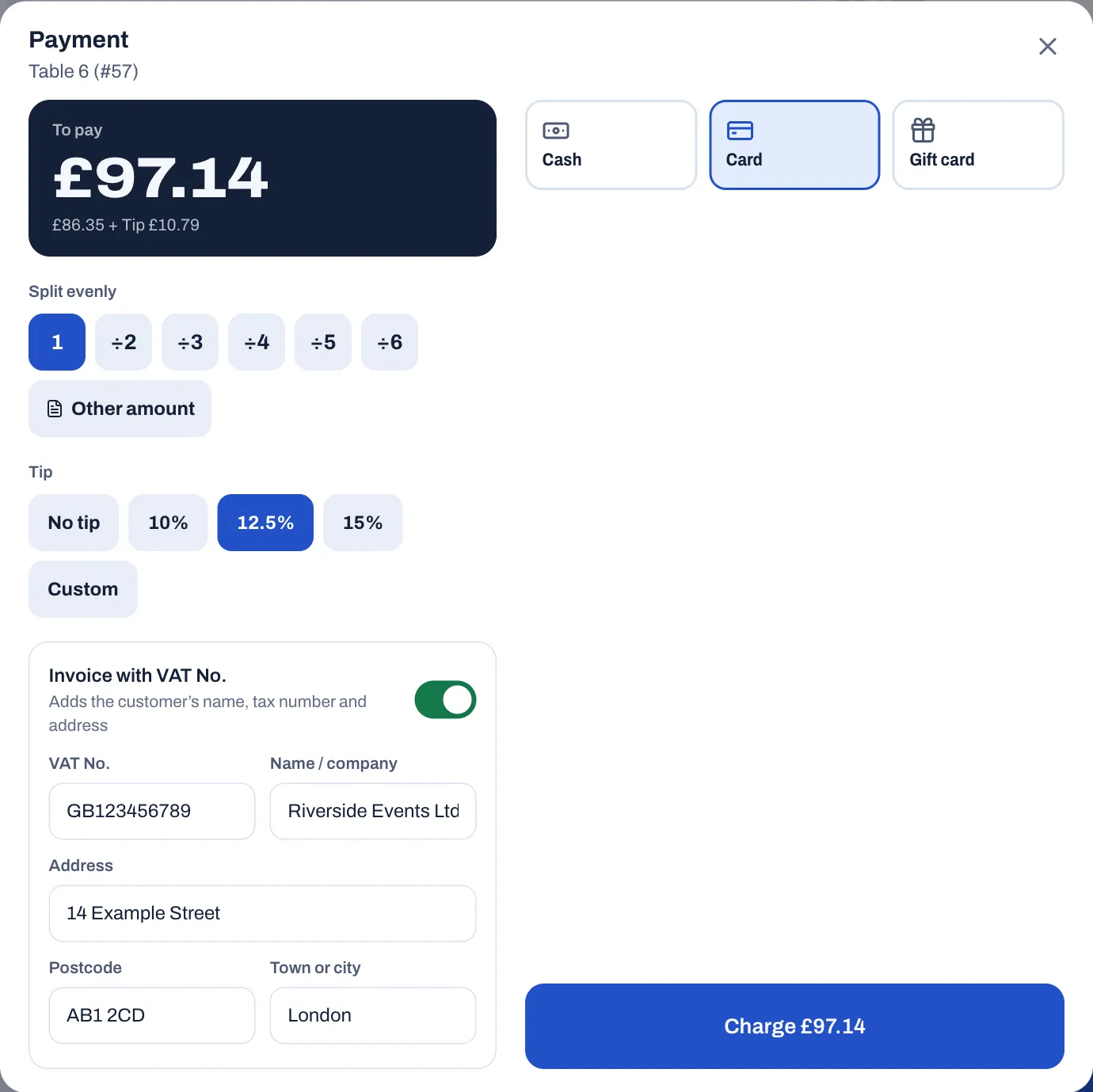 The Payment window on the till for table 6 (#57): To pay £97.14, made of £86.35 plus a £10.79 tip, with the 12.5% tip button selected; the Invoice with VAT No. switch on, with the VAT No., Name / company, Address, Postcode and Town or city filled in; Card chosen, and the Charge £97.14 button.