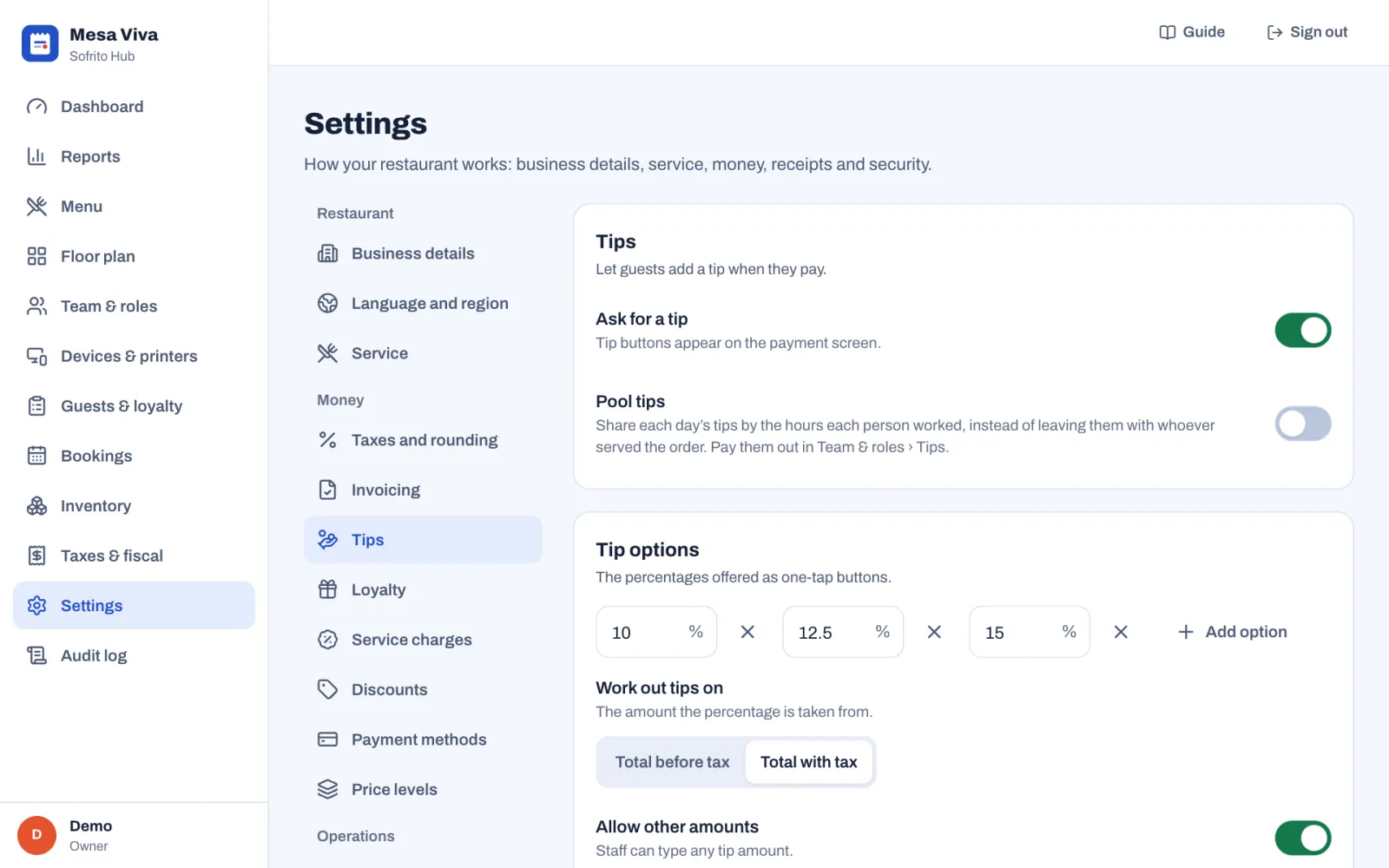 Settings, Tips: Ask for a tip turned on and Pool tips turned off, then the tip options 10%, 12.5% and 15% with Add option, Work out tips on set to Total with tax, and Allow other amounts turned on.