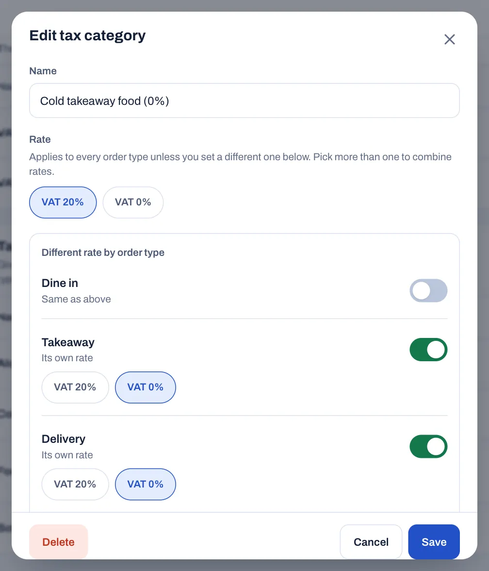 The Edit tax category window for Cold takeaway food: Rate set to VAT 20%, and under Different rate by order type, Takeaway and Delivery turned on with their own rate, VAT 0%. Dine in stays the same as above.