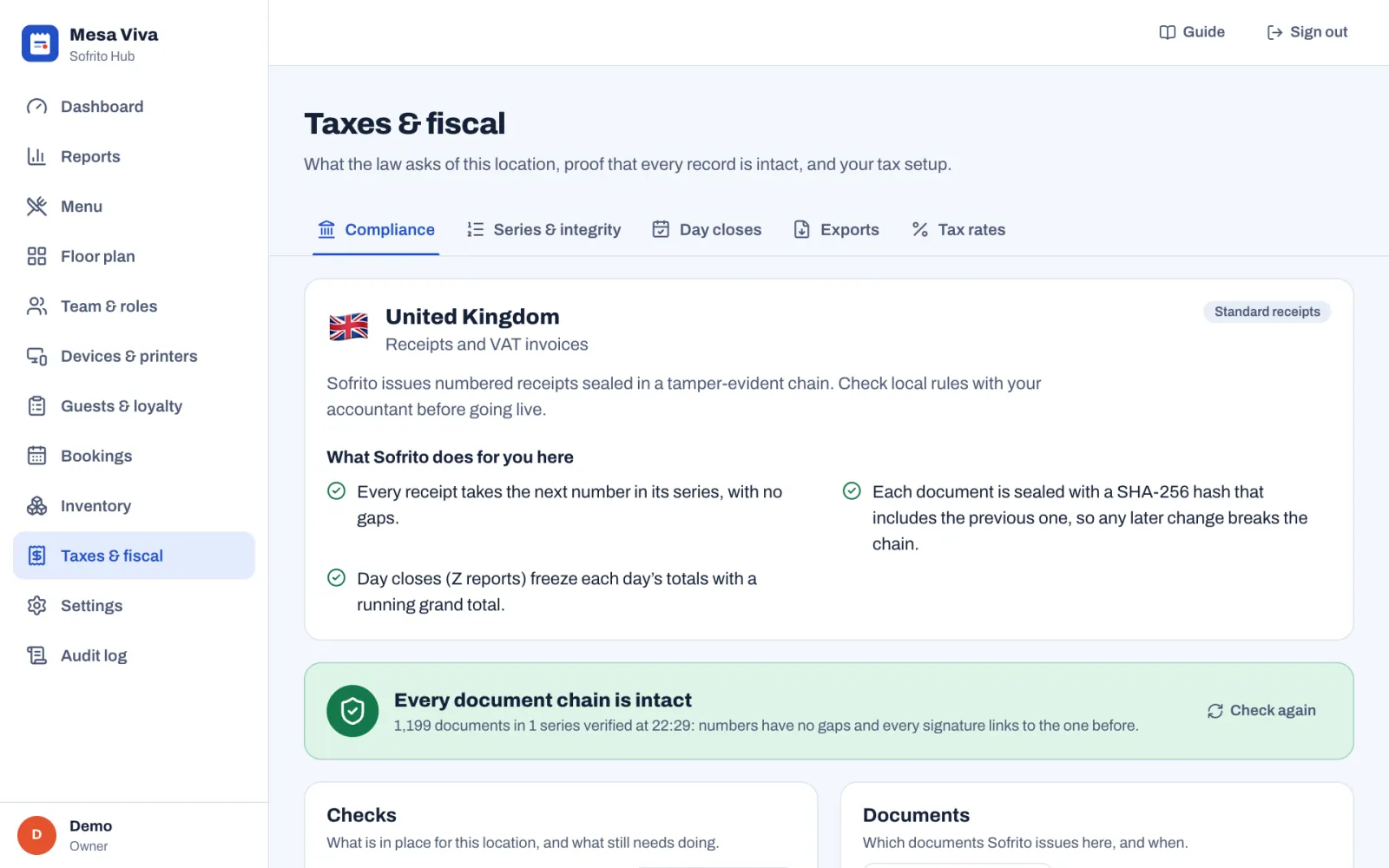 The Compliance tab for a restaurant in the United Kingdom: Receipts and VAT invoices, a Standard receipts badge, three things Sofrito does, and a green banner saying every document chain is intact for 1,199 documents.