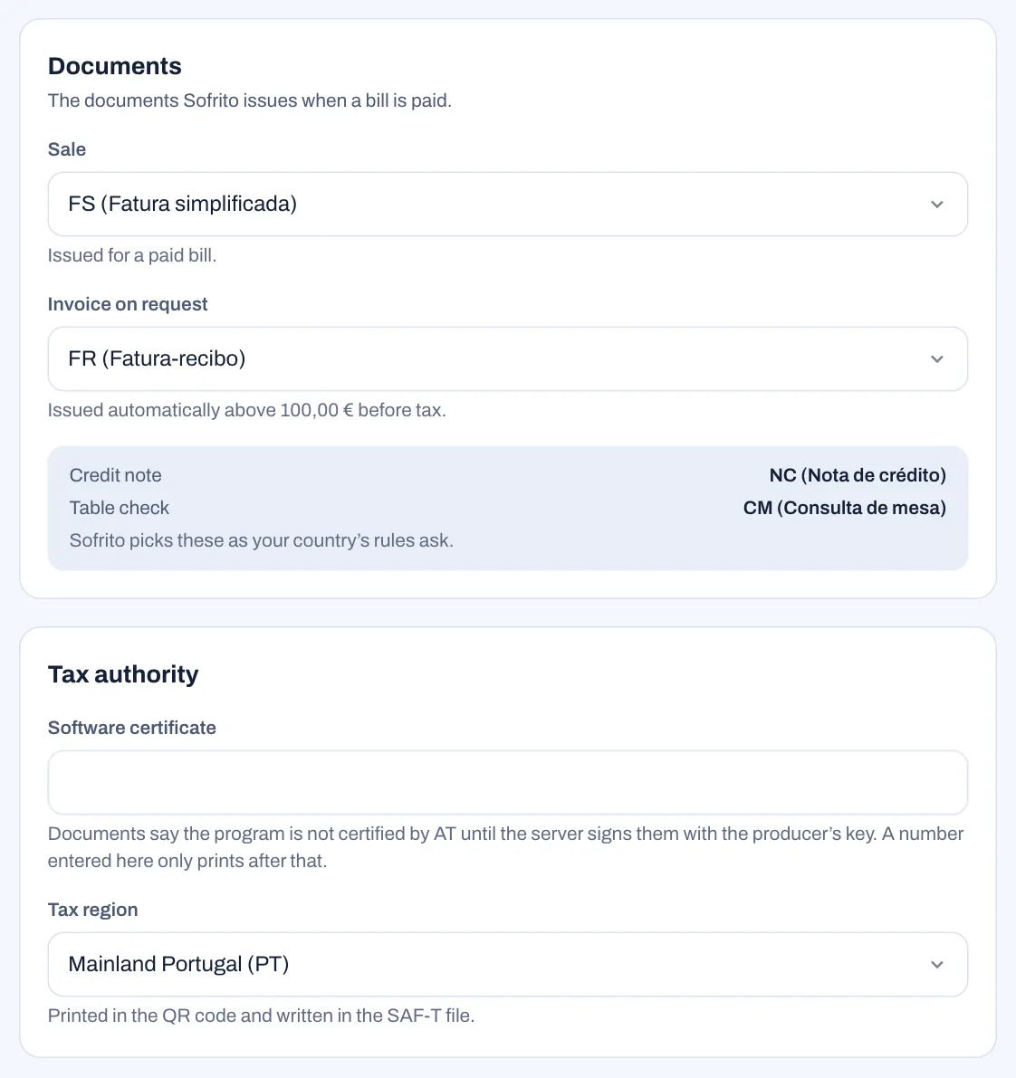 Settings, Invoicing for a restaurant in Portugal: under Documents, Sale FS (Fatura simplificada), issued for a paid bill, and Invoice on request FR (Fatura-recibo), issued automatically above 100,00 € before tax, with Credit note NC and Table check CM picked by Sofrito; under Tax authority, an empty Software certificate field that explains the number only prints once the server signs documents, and Tax region set to Mainland Portugal (PT).