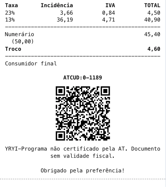 The bottom of a Portuguese simplified invoice: the tax summary for 23% and 13%, a cash payment of €45.40 with €50.00 given and €4.60 change, Consumidor final, ATCUD:0-1189 above the QR code, and the line saying the program is not certified by the AT.