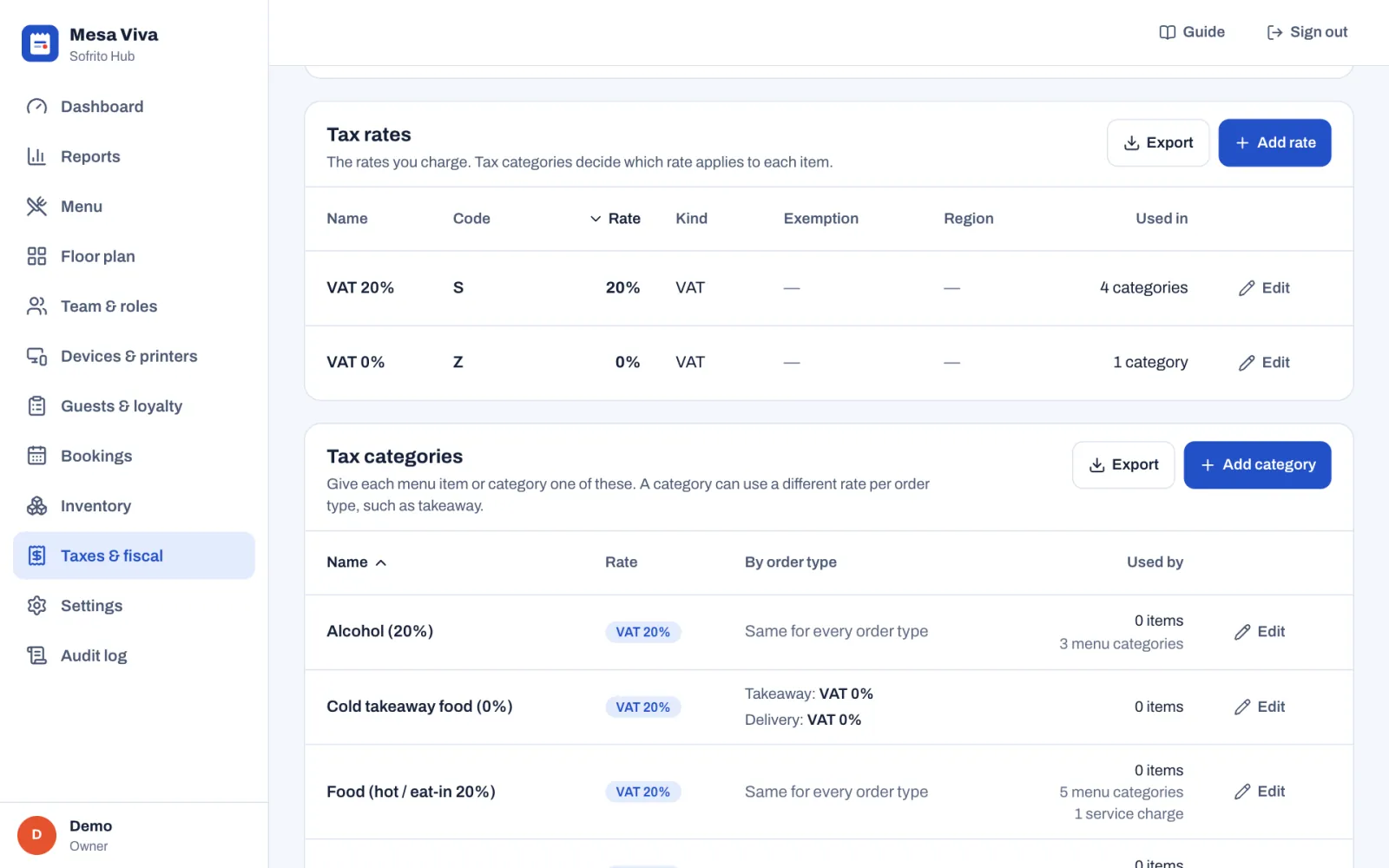 The Tax rates tab: VAT 20% (code S) used in 4 categories and VAT 0% (code Z) used in 1 category, then the tax categories, where Cold takeaway food uses VAT 20% but VAT 0% for takeaway and delivery.