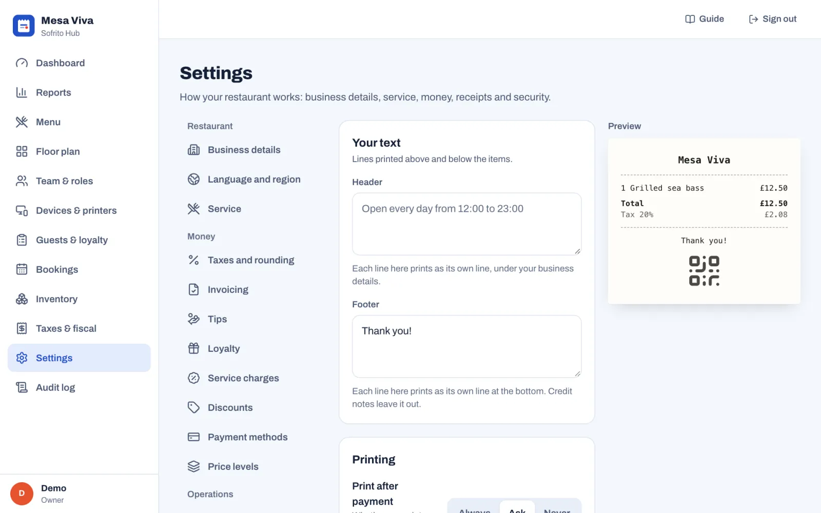 Settings, Receipts: the Header and Footer boxes, with "Thank you!" as the footer, the start of the Printing options, and on the right a preview of a receipt for Mesa Viva with one dish, the total, the tax and the footer.