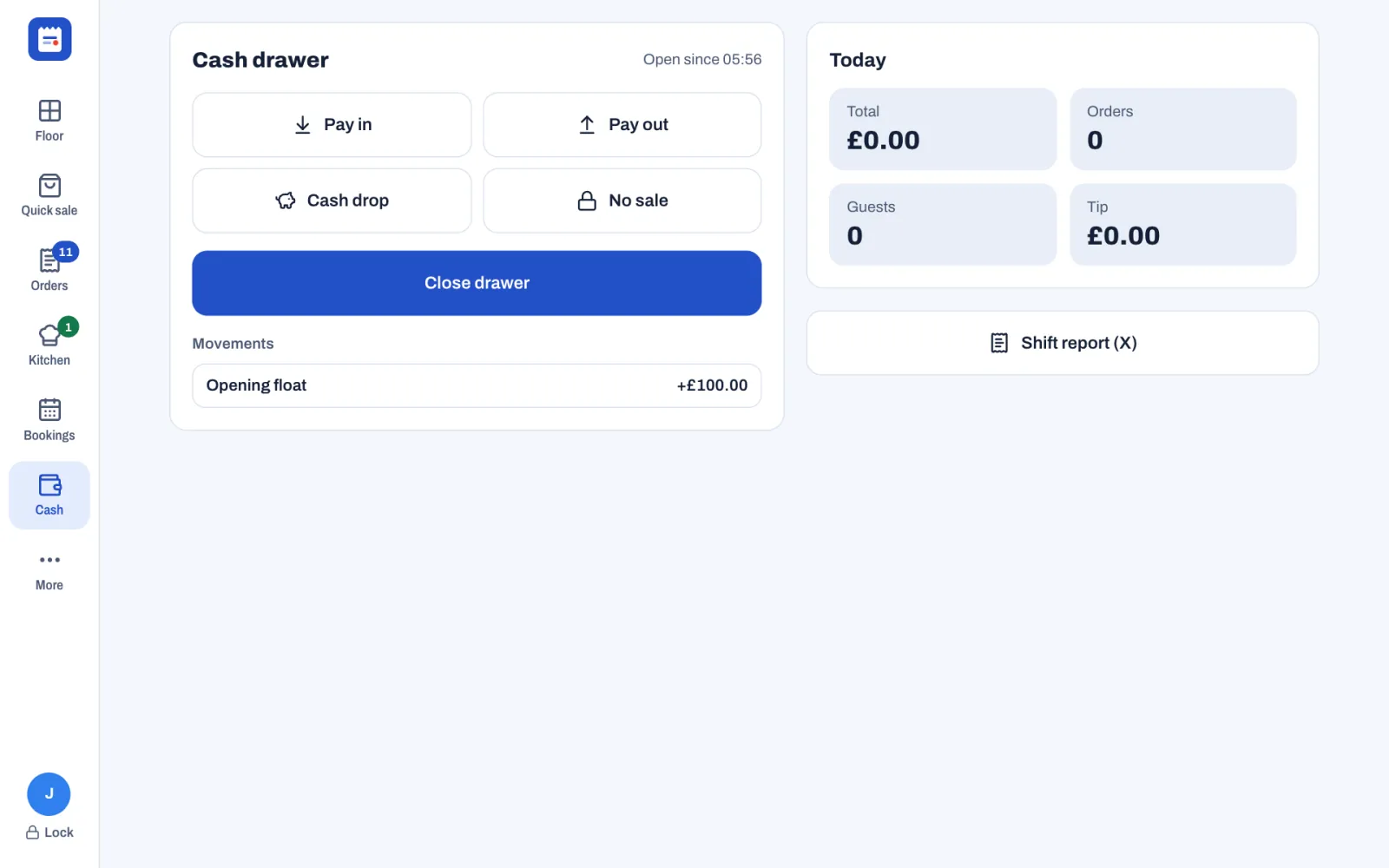 The Cash screen with the drawer open since 05:56: Pay in, Pay out, Cash drop, No sale and Close drawer, the Movements list with Opening float +£100.00, and on the right the Today card with the total, orders, guests and tips, above Shift report (X).