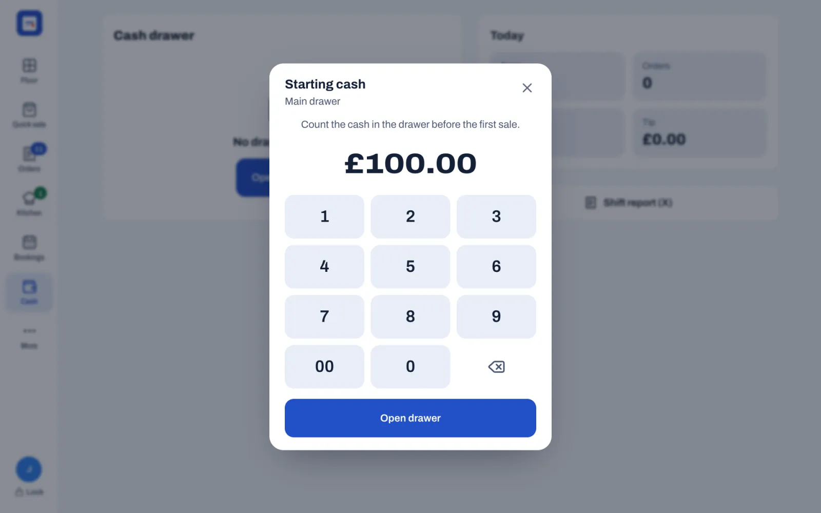 The Starting cash window for the Main drawer over the Cash screen: "Count the cash in the drawer before the first sale.", £100.00 in large figures, a number pad with a 00 key and a delete key, and the Open drawer button.