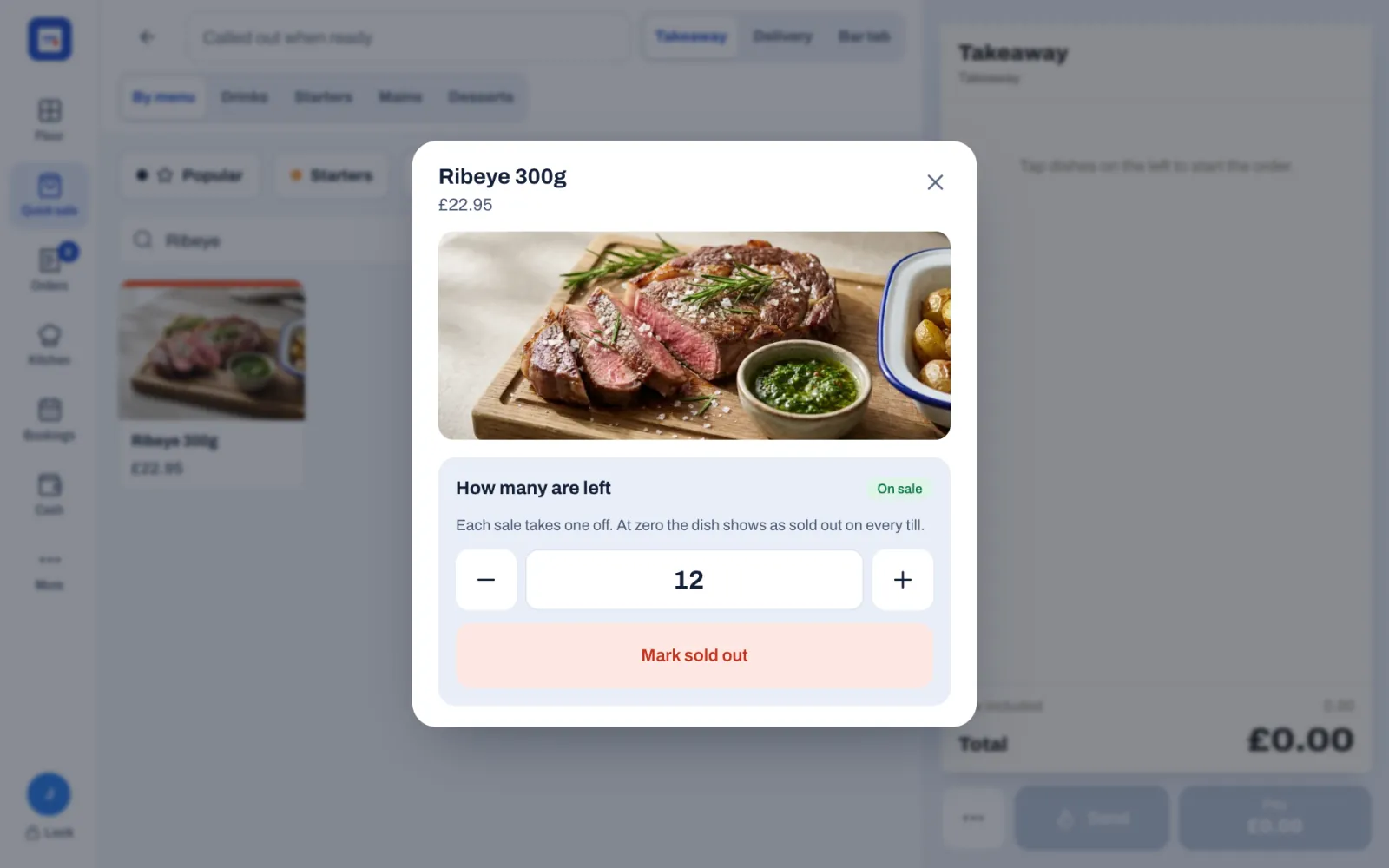 The details of the Ribeye 300g over the menu: the price £22.95, a photo of the steak, How many are left with 12 and an On sale badge, and the Mark sold out button.