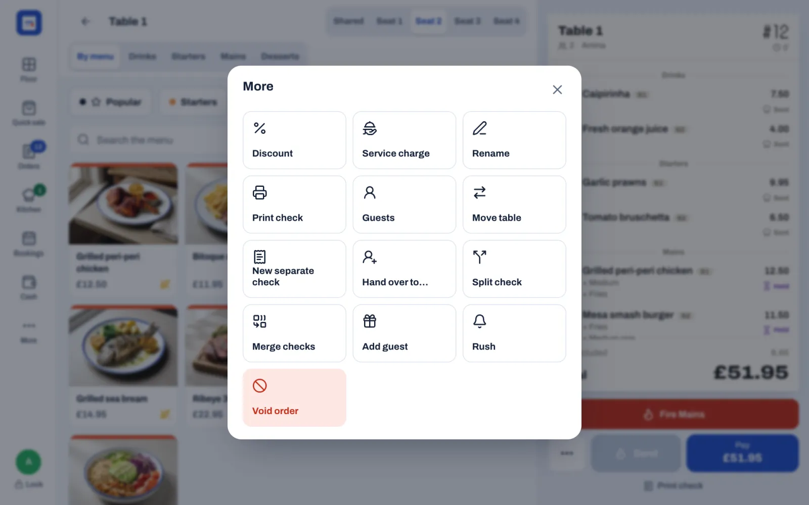 The More menu of table 1: Discount, Service charge, Rename, Print check, Guests, Move table, New separate check, Hand over to…, Split check, Merge checks, Add guest, Rush, and Void order in red.