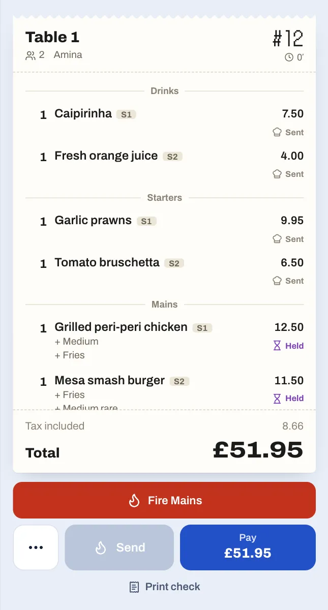 The check of table 1 after holding the mains: the drinks and starters marked Sent, the grilled chicken and the burger marked Held, a red Fire Mains button above the greyed-out Send button, and Pay £51.95.
