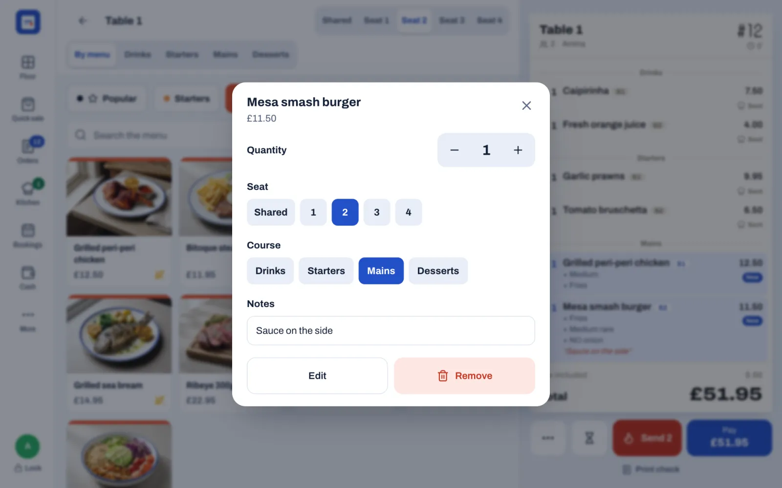 The window for a new Mesa smash burger: Quantity 1 with − and +, Seat buttons Shared and 1 to 4 with 2 selected, Course buttons Drinks, Starters, Mains and Desserts with Mains selected, the note "Sauce on the side", and the Edit and Remove buttons.