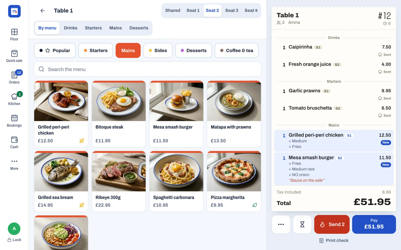 The order screen for table 1: at the top, the seat buttons Shared and Seat 1 to Seat 4 with Seat 2 selected, and the course buttons By menu, Drinks, Starters, Mains and Desserts. Below, the Mains category with dish photos and prices. On the right, the check: drinks and starters marked Sent, and two mains marked New, one with Medium rare, NO onion and the note "Sauce on the side". At the bottom, the ••• button, the hourglass, Send 2 and Pay £51.95, and Print check.