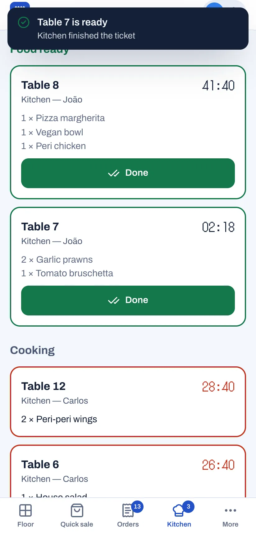 A server's phone on the Kitchen screen. At the top, the message Table 7 is ready, Kitchen finished the ticket. Under Food ready, the Kitchen tickets for tables 8 and 7, each with João's name, the timer and a green Done button. Under Cooking, the tickets for tables 12 and 6, with their timers in red because they are late.