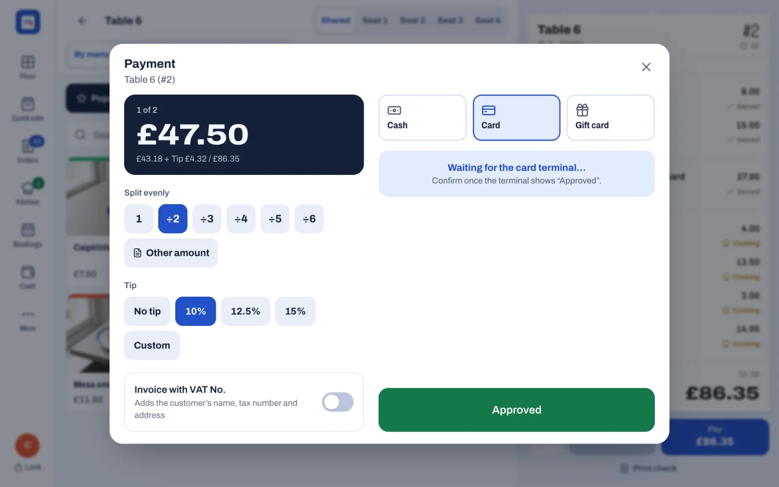The Payment window after Charge: Card selected, the message Waiting for the card terminal… with Confirm once the terminal shows Approved under it, and the green Approved button.