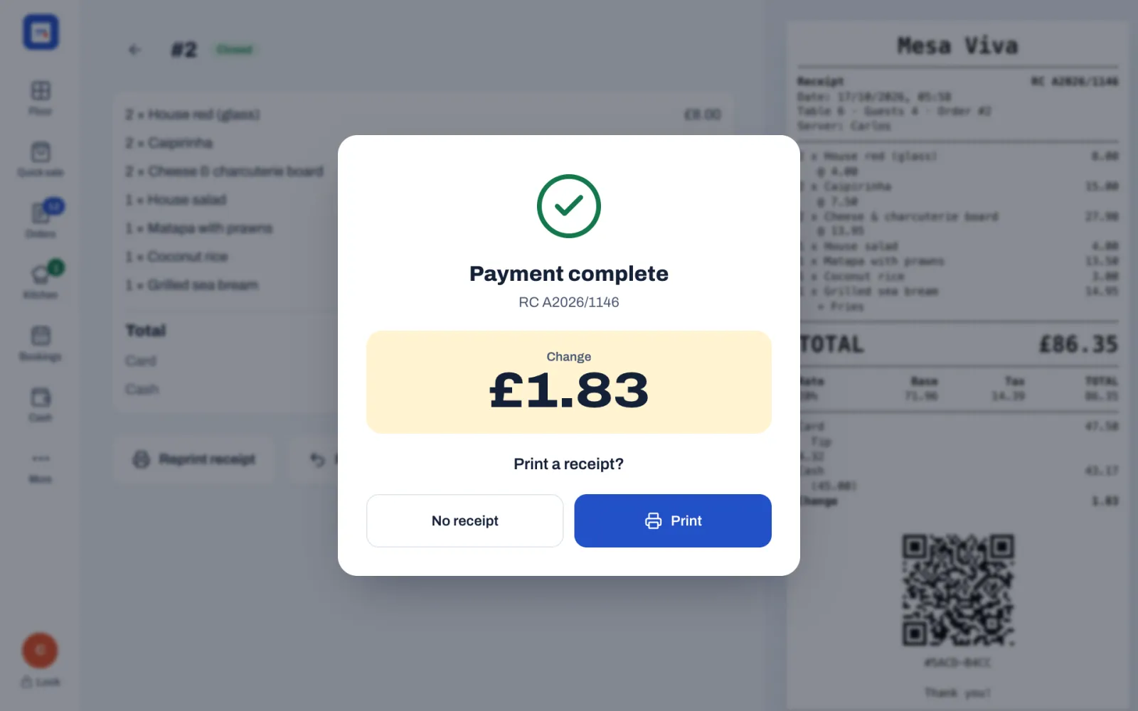 Payment complete: a green tick, the document number RC A2026/1146, Change £1.83 in large figures, the question Print a receipt? and the No receipt and Print buttons.