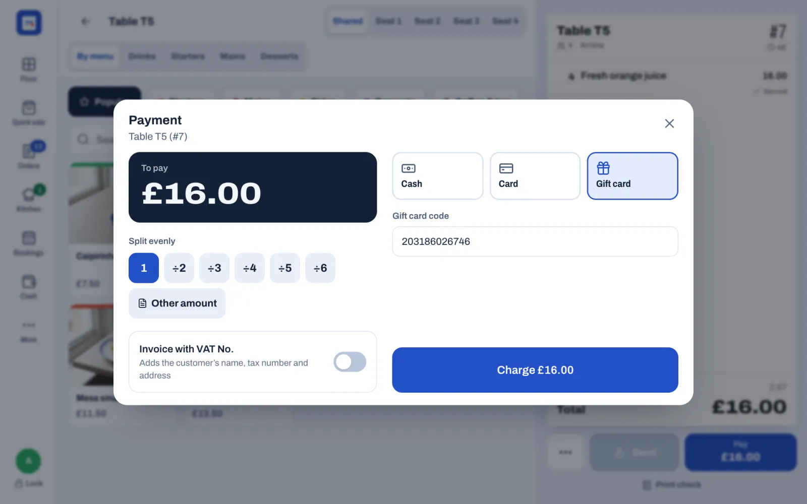 The Payment window for table T5 (#7): To pay £16.00, Gift card selected, the code 203186026746 in Gift card code, and Charge £16.00. There is no Tip row for gift cards.