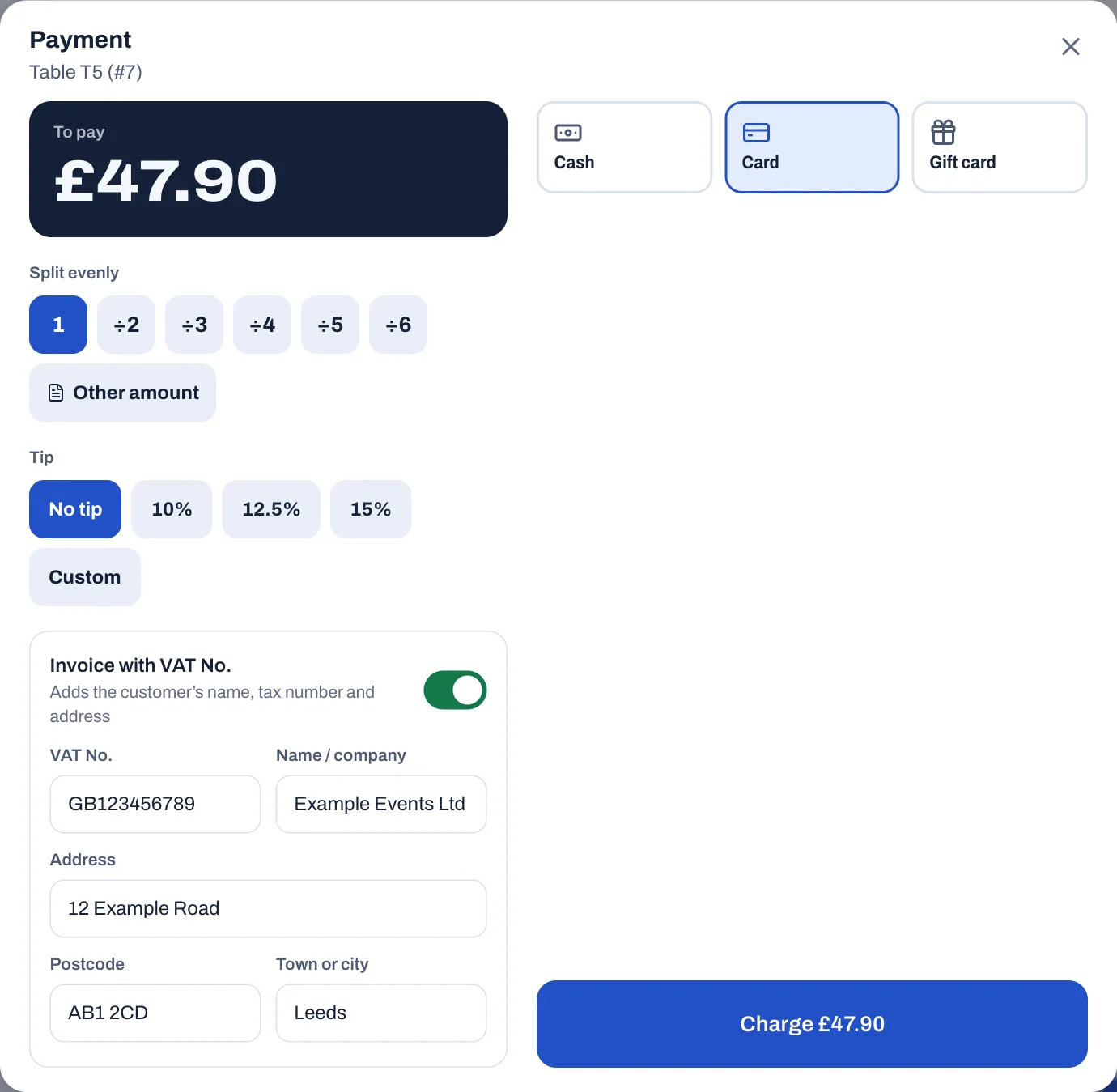 The Payment window for table T5 (#7) with Invoice with VAT No. turned on: the VAT No. GB123456789, the Name / company Example Events Ltd, the Address 12 Example Road, the Postcode AB1 2CD and the Town or city Leeds filled in, Card selected and Charge £47.90.