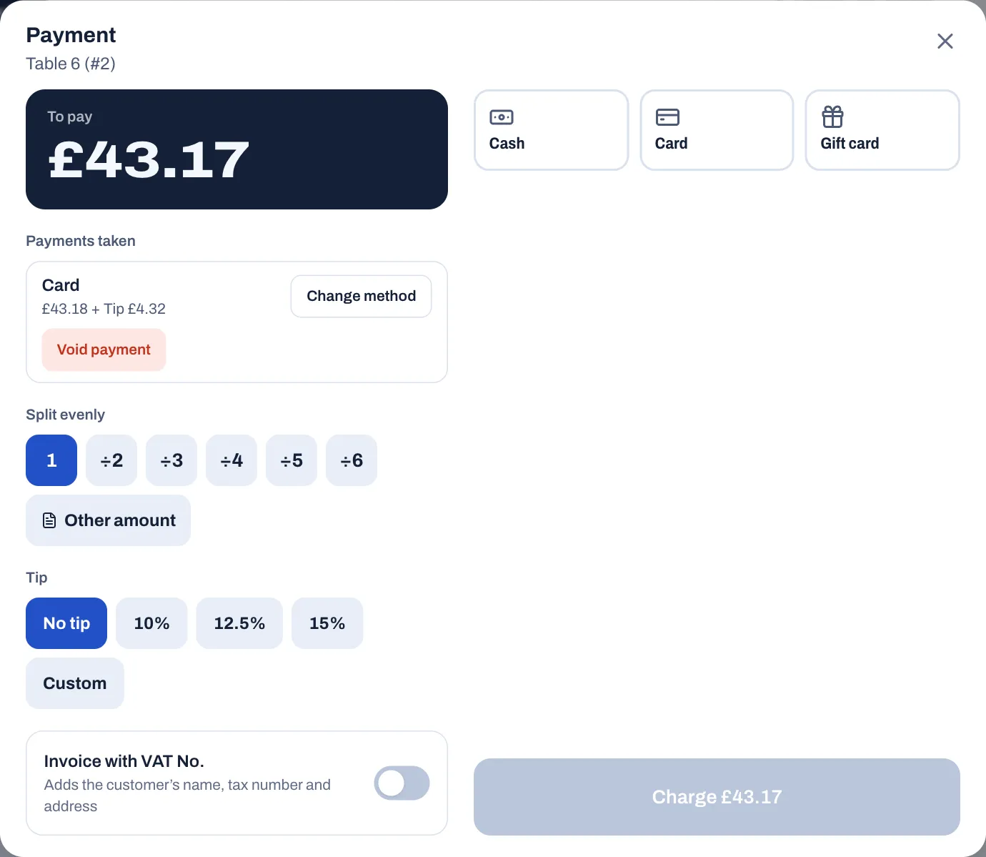 The Payment window for table 6 (#2) after a first payment: To pay £43.17; under Payments taken, Card £43.18 + Tip £4.32 with the buttons Change method and Void payment; Split evenly with 1 selected, Tip with No tip selected, the Invoice with VAT No. switch, the Cash, Card and Gift card buttons, and Charge £43.17 greyed out until a method is chosen.