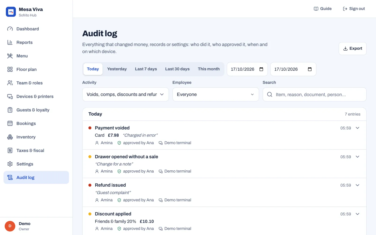 The Audit log for today with the activity Voids, comps, discounts and refunds: Payment voided, Card £7.98 "Charged in error"; Drawer opened without a sale "Change for a note"; Refund issued "Guest complaint"; and Discount applied, Friends & family 20% £10.10; each by Amina, approved by Ana, on Demo terminal.