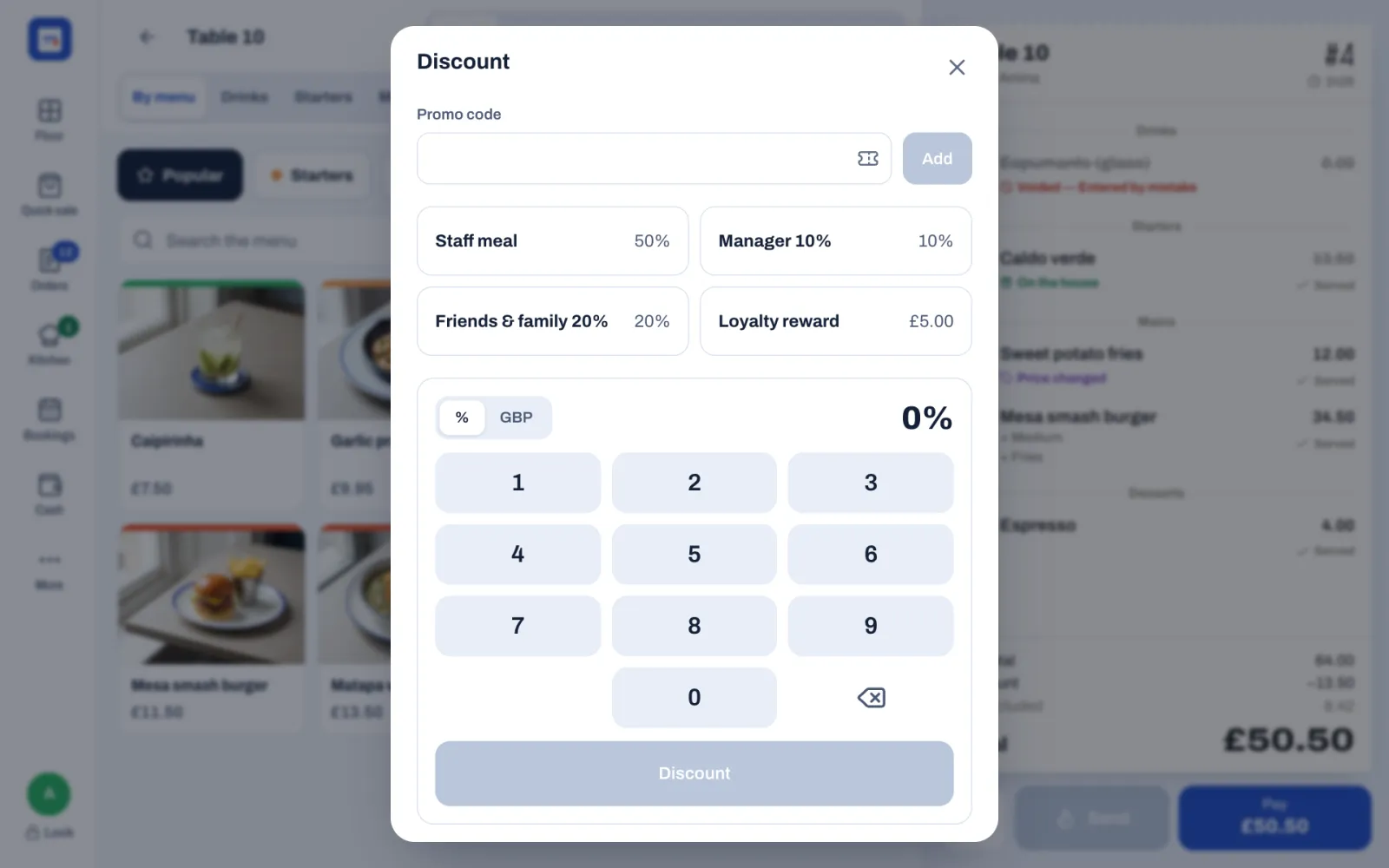 The Discount window: the Promo code box with its Add button, then Staff meal 50%, Manager 10%, Friends & family 20% and Loyalty reward £5.00, and below them the % and GBP buttons, 0% and a number pad with the Discount button.