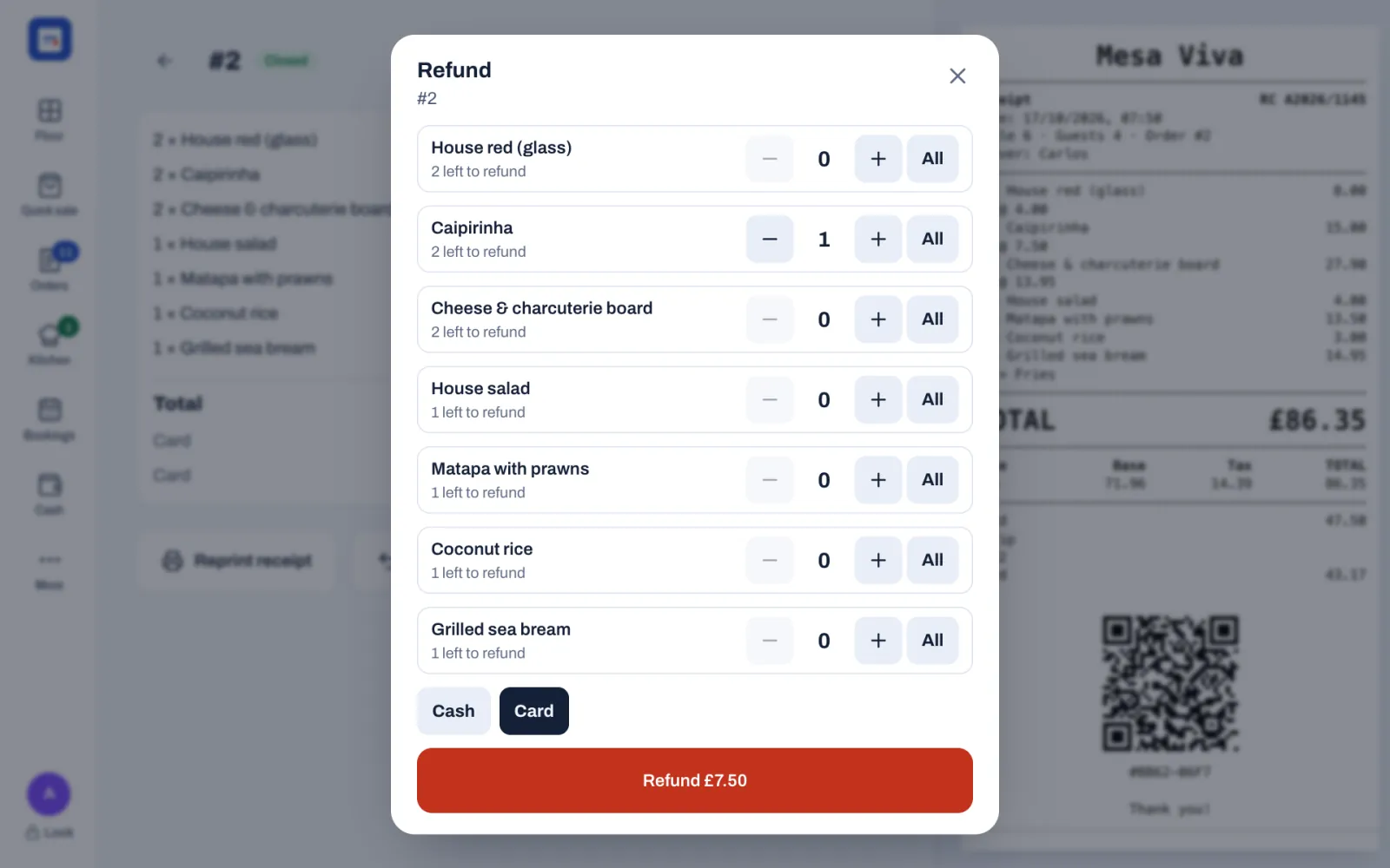 The Refund window for order #2: one row per item, each saying how many are left to refund, with the −, + and All buttons; Caipirinha set to 1 of its 2; the Cash and Card buttons with Card selected; and the red Refund £7.50 button.