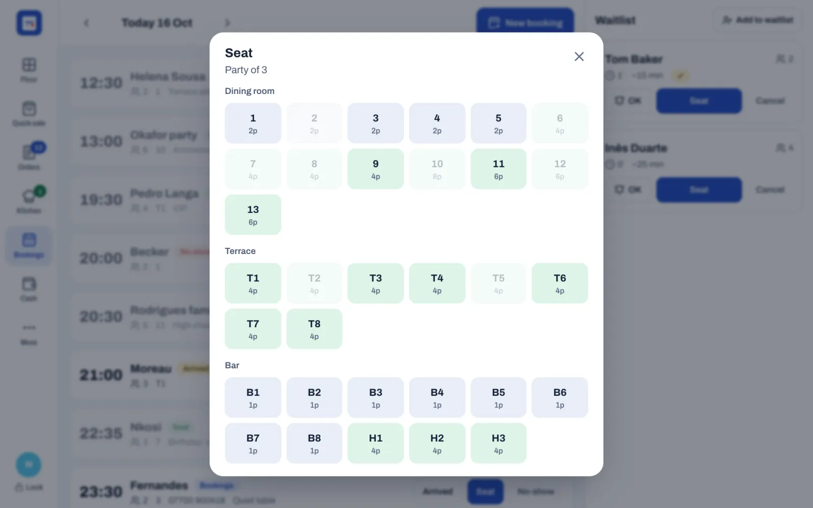 The Seat window on the till for a party of 3, with the tables of the Dining room, Terrace and Bar and the seats of each. Tables in use are greyed out, and the tables with enough seats for the party are green.