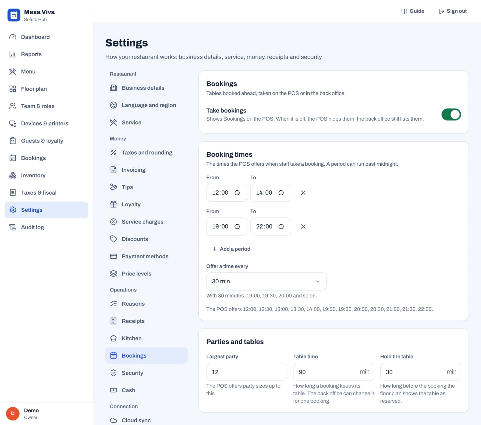 Settings › Bookings in the back office: Take bookings turned on; under Booking times, two periods, 12:00 to 14:00 and 19:00 to 22:00, Add a period, Offer a time every 30 min and the line The POS offers 12:00, 12:30 and so on to 22:00; under Parties and tables, Largest party 12, Table time 90 min and Hold the table 30 min.