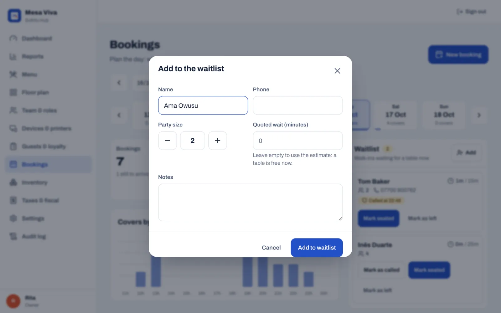 The Add to the waitlist window in the back office: the name Ama Owusu, a phone number box, a party size of 2, and Quoted wait (minutes) with the hint Leave empty to use the estimate: a table is free now. Below, Notes, then Cancel and Add to waitlist.