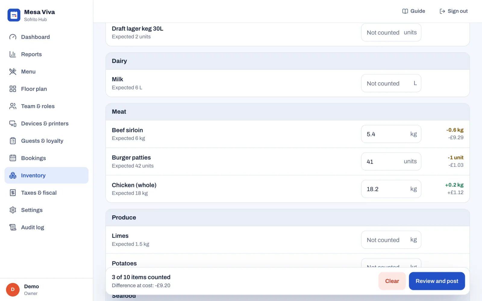 The Stock count tab with expected quantities shown: in Meat, Beef sirloin counted at 5.4 kg (expected 6 kg, −0.6 kg, −£9.29), Burger patties at 41 (expected 42, −1 unit) and Chicken (whole) at 18.2 kg (+0.2 kg); Milk and Limes not counted yet; and the bar at the bottom saying 3 of 10 items counted, Difference at cost: −£9.20, with Clear and Review and post.