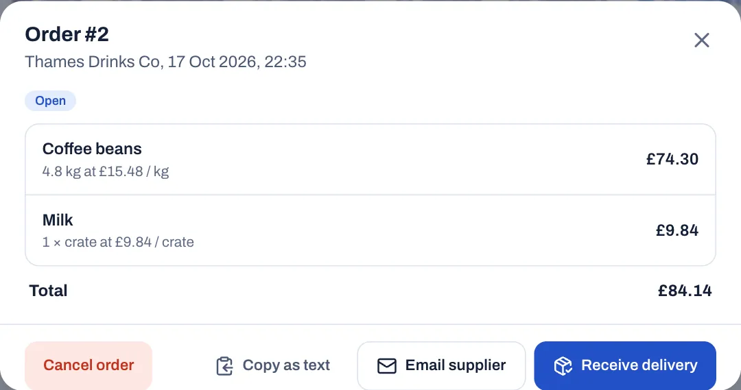 Order #2 to Thames Drinks Co, Open: 4.8 kg of Coffee beans at £15.48 per kg and 1 × crate of Milk at £9.84 per crate, total £84.14, with the Cancel order, Copy as text, Email supplier and Receive delivery buttons.